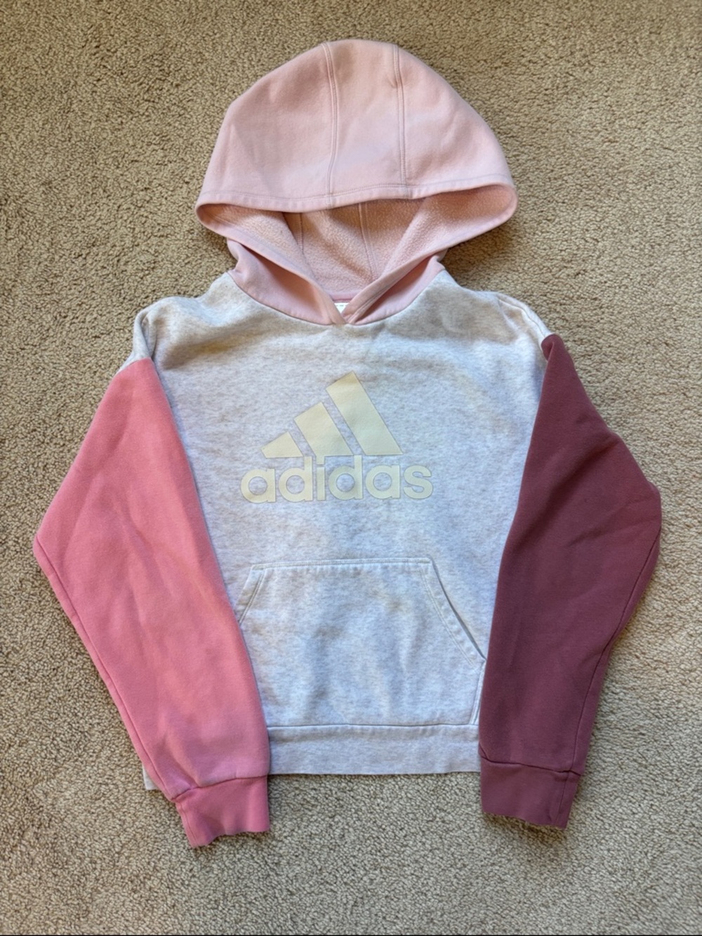 adidas Heather Gray Hoodie with Pink Hood and Two-Tone Pink Sleeves